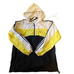 adidas Jacket Unisex M Windbreaker Black White Yellow Hooded 90s Y2k Vintage